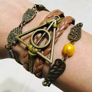 Harry Potter Brown and Yellow Multi-Layer Bracelet with Owl and Triangle Charms